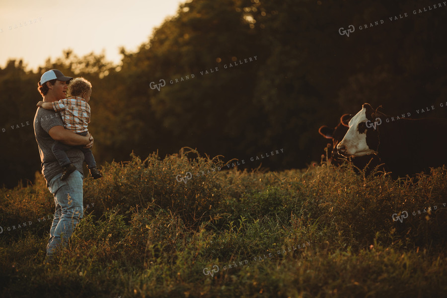 Farm Family with Cows in Pasture 3188