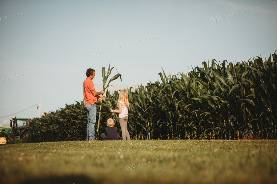 Farmer and Farm Kids Checking Corn Crop 4502