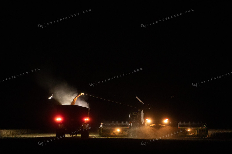 Grain Cart and Combine in Soybean Field at Night 5171