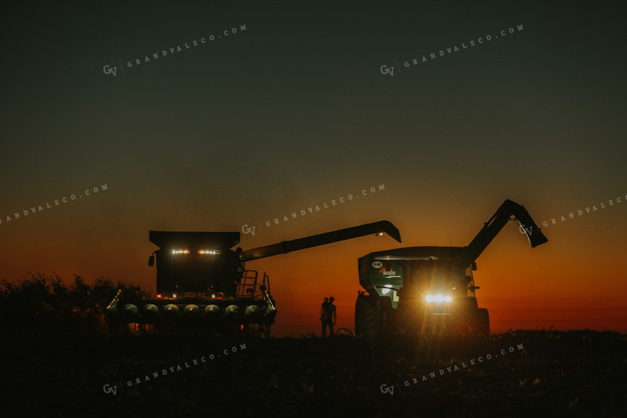 Family by Combine and Auger Cart at Sunset 5256