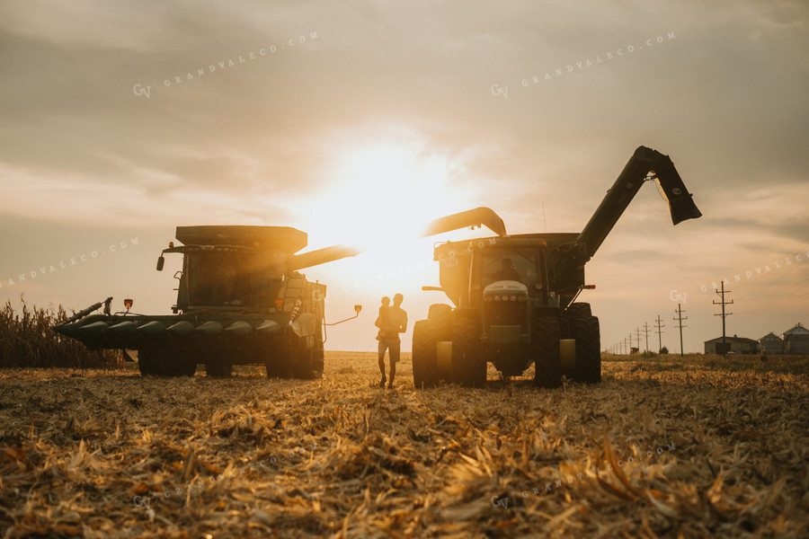 Family by Combine and Auger Cart at Sunset 5265