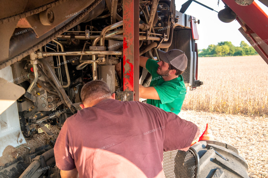 Multigenerational Farm Familiy Repairing Combine in a Bean Field 25440