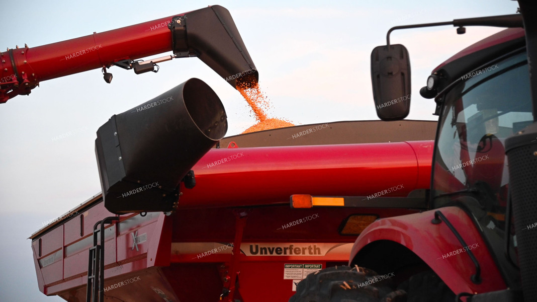 Combine Unloading Corn into Auger Wagon 25506