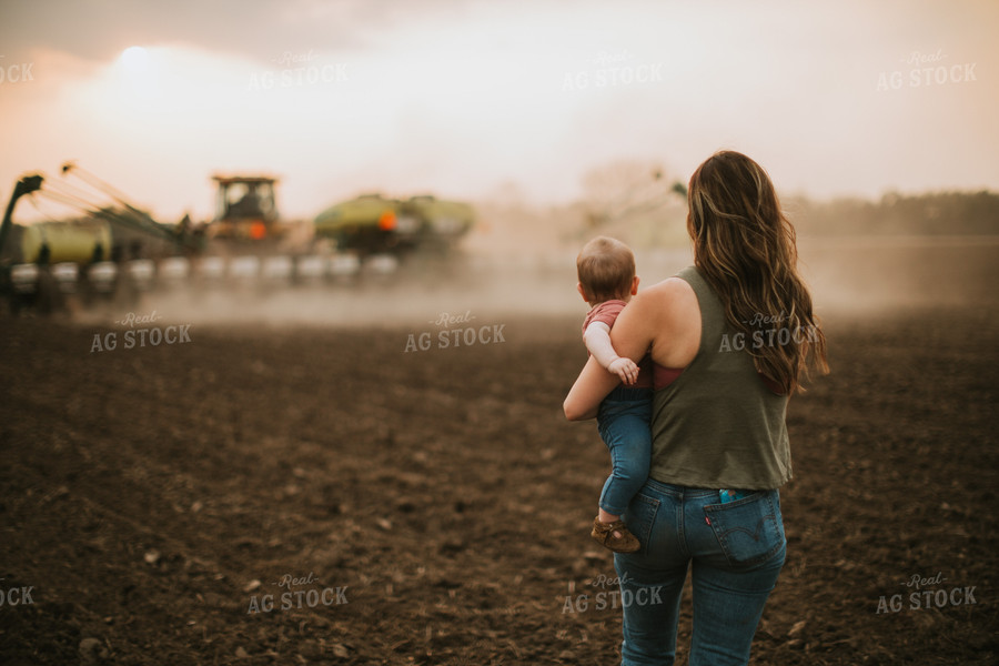 Farm Mom and Farm Kid Watching Planter Tractor 5699
