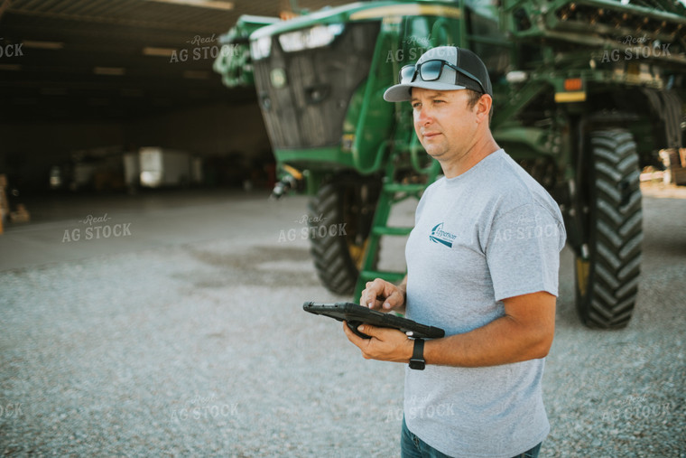 Farmer Looking at iPad with Sprayer in Background 6249