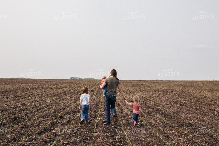 Female Farmer and Daughters Play in Emerging Corn Field 67288