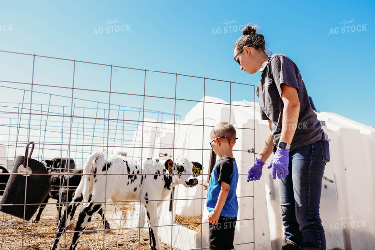 Female Farmer and Son with Holstein Calf 152096