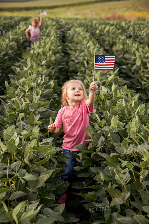 Farm Kids with American Flags in Soybean Field 67369