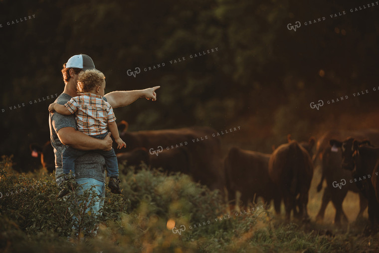 Farm Family with Cows in Pasture 3190