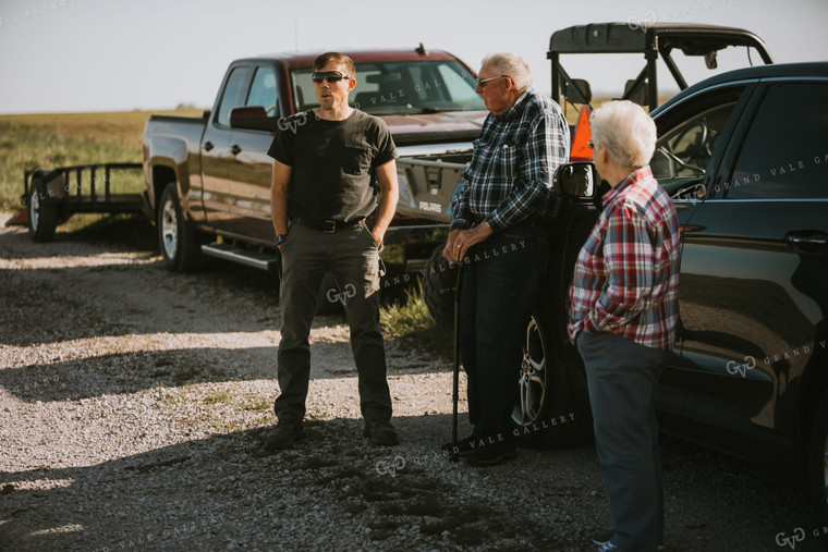 Farmer Grandson Talking to Grandparents Along Field 4167