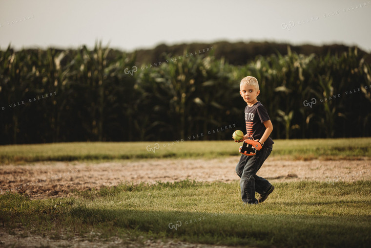 Farm Family Playing Catch Alongside Corn Field 4488