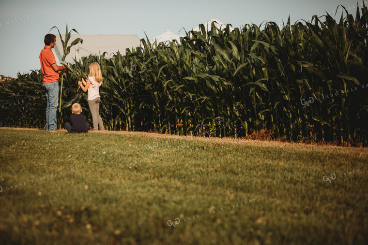 Farmer and Farm Kids Checking Corn Crop 4501