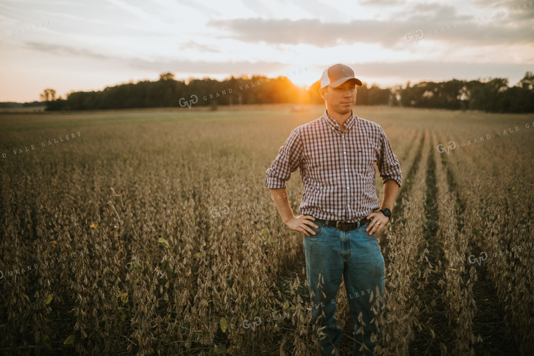 Farmer Standing in Dried Soybean Field at Sunset 4886