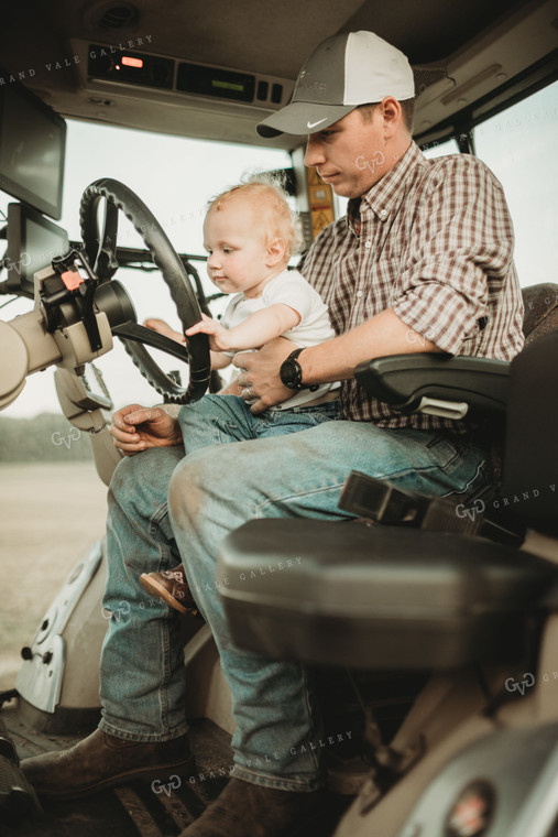 Farmer and Farm Kid in Tractor with Grain Cart 4991