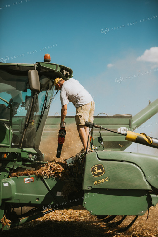 Farmer Cleaning Corn Stalks Off Combine Header 4724