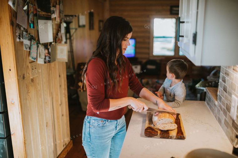 Farm Mom and Farm Kid Slicing Bread 5018