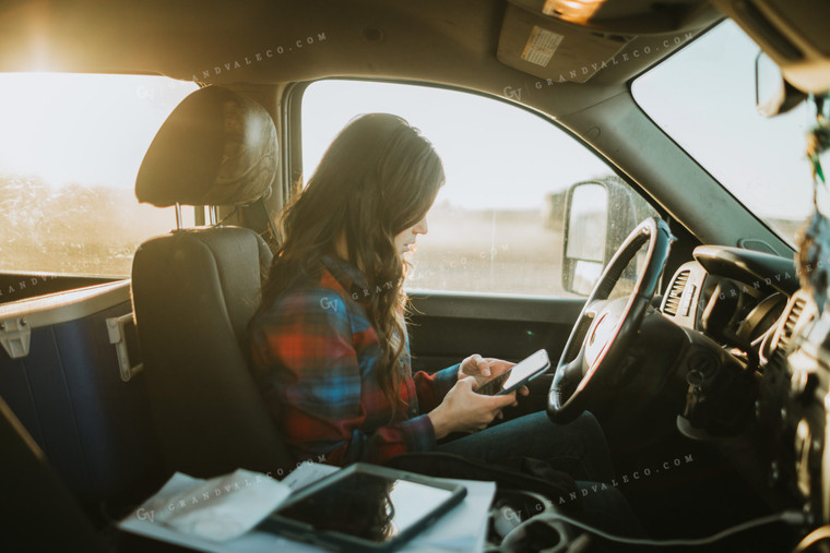 Farm Mom on Phone in Pickup Truck 5064