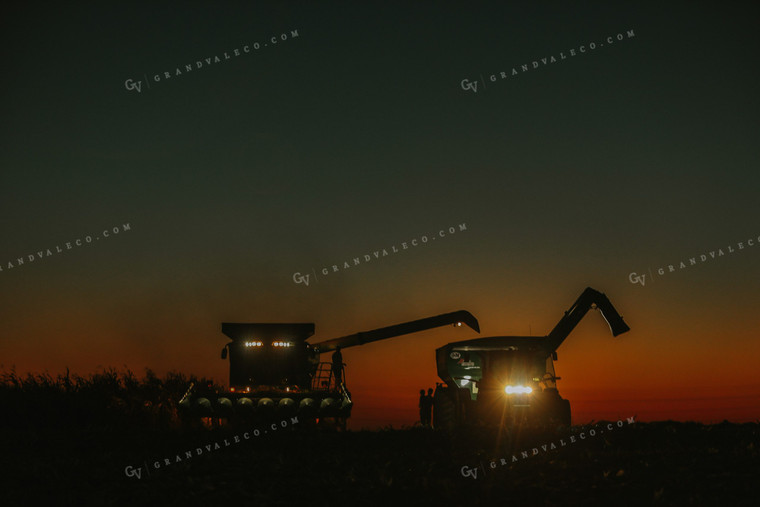 Family by Combine and Auger Cart at Sunset 5257