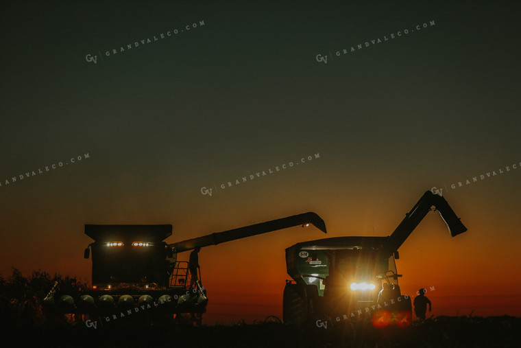 Family by Combine and Auger Cart at Sunset 5258