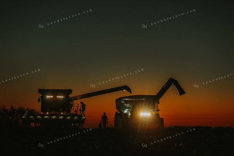 Family by Combine and Auger Cart at Sunset 5260
