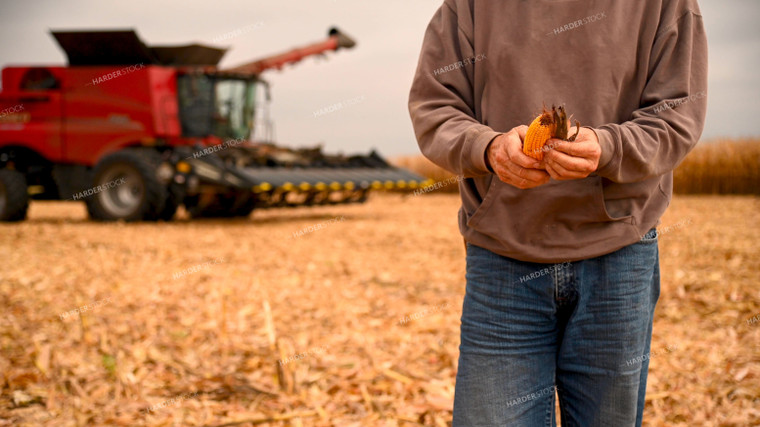 Farmer Looks at Corn Ear in Field 25593