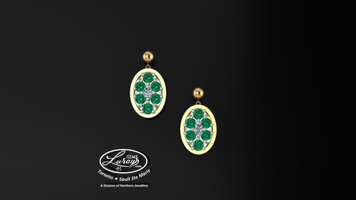 These simple, fashionably framed 11x13 oval, two part designs, accentuate the crafted reflective center setting supporting .05 CT per side for a .10 ct tdw and genuine emerald gemstones.

Diamonds and gemstones are selected by experts for their brilliance, rich color and eye catching appeal.

Suspended on 3mm drop down ball studs with secure butterfly clasps, these stunning pieces will catch the light with every movement.

We believe as you do …

Be it; birthday, anniversary or just because… she deserves the best.

Your choice of 10 or 14K gold, white, yellow or two tone.