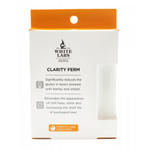 An easy way to eliminate chill haze in your finished beer is to add one vial of Clarity Ferm to your fermenter prior to the onset of fermentation. Use 1 vial per 5 -7 gallon batch.
 
For the beer geek (but still simplified!):
Chill haze is caused in your fermenter during aging when polyphenols and polypetides bond together. Clarity ferm cleaves polypetides (a protein fraction) so they cannot bond with polyphenols (tannin). This product is also known as Brewer's Clarex.
 
There are also discussions and testing being done with this product, finding that it reduces gluten levels in beer. Gluten is the protein that Gluten-Intolerant (Coeliac) folks need to avoid or greatly reduce consumption of. Always consult a Doctor first before use in this application.
 
Features:
 
An enzyme that is effective at preventing chill haze
Increases shelf-life and product consistency
Does not alter beer flavor or aroma
Has no effect on head retention
Can produce gluten-reduced* beers made with barley (*The majority of beers test below 10ppm gluten when used in the correct dosage)
 
Shelf life is 6 months.