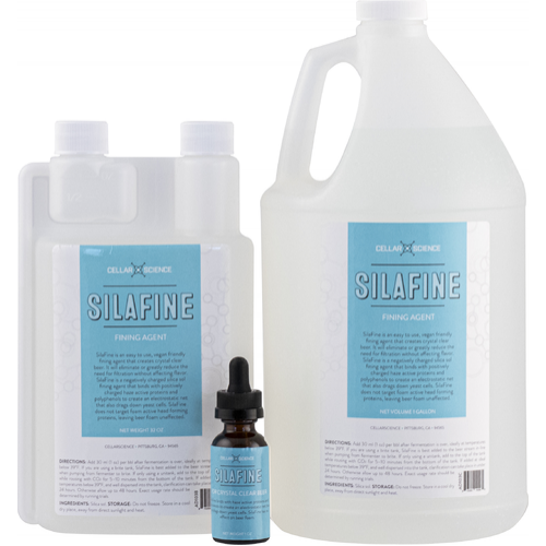 SilaFine is an easy-to-use, vegan friendly fining agent that quickly creates crystal clear beer by removing yeast and haze-forming particles. This highly effective clarifier will eliminate or greatly reduce the need for filtration without affecting flavor. SilaFine is a unique, negatively charged silica sol fining agent that binds with positively charged haze active proteins and polyphenols to create an electrostatic net that also drags down yeast cells. SilaFine does not target foam active head forming proteins, so the beer foam in glass is unaffected.

Use:
Add 10ml or 1 tbsp per 5 gallons of finished beer. Gently rouse the beer to fully disperse the clarifier. SilaFine will work to drop out yeast at fermentation temperatures, but for full effectiveness on haze-inducing particles, we recommend adding it to beer that has been chilled below 39°F. If the beer has not cleared after 24 hours, a second dose can be added. SilaFine should be stored cool, but do not freeze.

Unitanks & Brites:
If you are using a brite tank, SilaFine is best added to the beer stream inline when pumping from fermenter to brite. If you are using a Unitank and no brite tank, add to the top of the Unitank while rousing with CO2 for 5-10 minutes from the bottom. Or you can use a pump loop to recirculate the beer in a Unitank, instead of rousing with CO2. If added at ideal temperatures below 39°F, and well dispersed into the tank, clarification can take as little 8-12 hours. Otherwise clarification may take up to 48 hours. We advise against using more than the recommended amount, as overdosing can actually increase haze temporarily and cause a longer settling period. 

Dosage Rate in Whirlpool:
SilaFine can also be used in the whirlpool at a rate of 0.5-1ml per gallon to achieve a quicker and more compact sedimentation in the kettle.
 
Additional Notes:
SilaFine is based on a special selection of commercial grade amorphous silicon dioxide, also known as silica sol, at a concentration of 30%. Silica sol is known by a few names in brewing including colloidal silica, acidified silicates, silicon dioxide, and silicic acid. Unlike some other silica sols, SilaFine is not treated with aluminum oxide. SilaFine is a pure mineral and complies with Reinheitsgebot German beer purity law. Do not freeze. Store in a cool, dry place away from direct sunlight and heat.
 
The recommended shelf life is 12 months from the date the package is opened.
 
Allergen Free
GMO Free