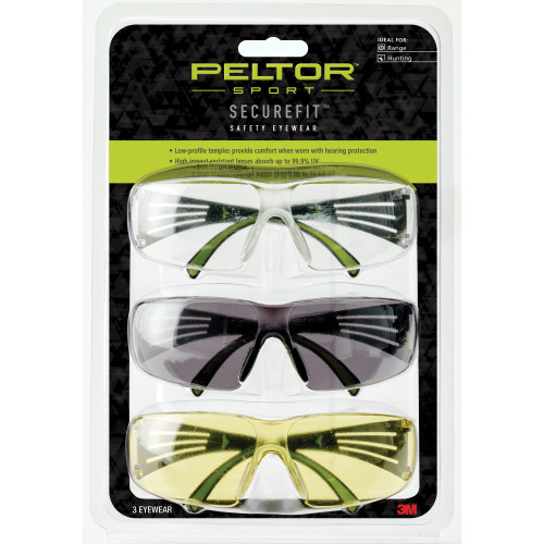 PELTOR/3M Peltor SF4003PK6 Sport SecureFit 400 Adult Clear/Amber/Gray Lens Anti-Scratch Polycarbonate Black Frame 3 Pack