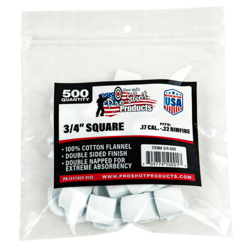 PRO SHOT PRODUCTS Pro-Shot 34500 Cleaning Patches  .17/ .177 Cal Air/ .22 Rimfire Rifle 0.75" Square Cotton Flannel 500 Pack