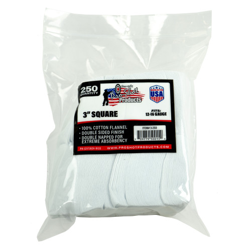 PRO SHOT PRODUCTS Pro-Shot 3250 Cleaning Patches  12-16 Gauge 3" Square Cotton Flannel 250 Pack