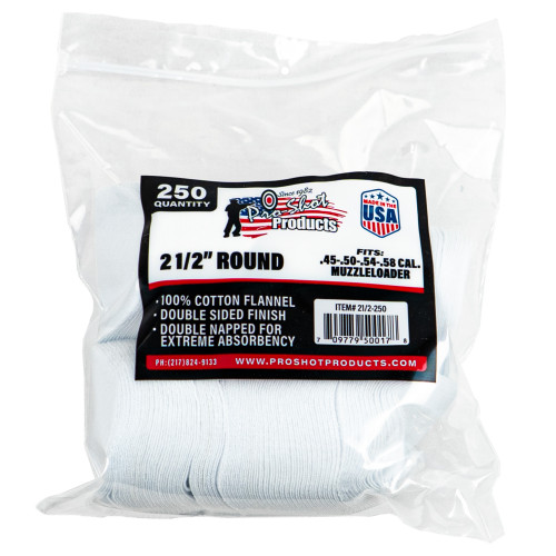 PRO SHOT PRODUCTS Pro-Shot 212250 Cleaning Patches  .45 - .58 Cal 2.50" Round Cotton Flannel 250 Pack