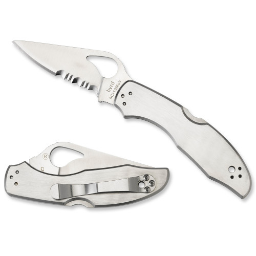 SPYDERCO INC (SKA) Spyderco BY04PS2 Byrd Meadowlark 2 2.94" Folding Clip Point Part Serrated 8Cr13MoV SS Blade Stainless Steel Handle Includes Pocket Clip