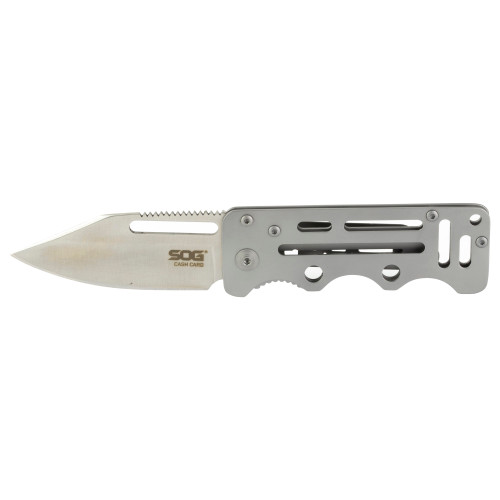 SOG KNIVES (GSM OUTDOORS) S.O.G SOG-EZ1-CP Cash Card  2.75" Folding Clip Point Satin 8Cr13MoV SS Blade/ Silver Skeletonized Stainless Steel Handle