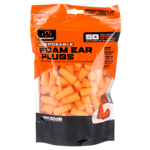GSM OUTDOORS Walker's GWPFP50BAG Foam Ear Plugs  Foam 32 dB In The Ear Orange Adult 50 Pair