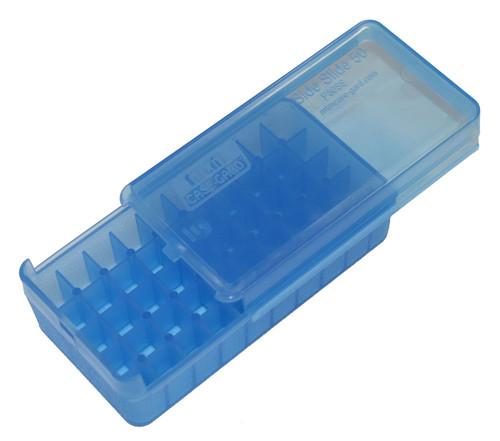 MTM MOLDED PRODUCTS CO MTM Case-Gard P50SS4524 Side-Slide Ammo Box Pistol Multi-Caliber Handgun Clear Blue Plastic 50rd