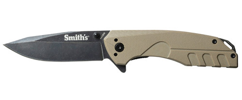 SMITHS (GSM) Smiths Products 50995 BattlePlan  3.35" Folding Drop Point Plain Black Stonewashed 400 SS Blade/ Desert Tan G10 Handle Includes Pocket Clip