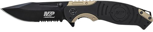 AOB/AMERICAN OUTDOOR BRND Smith & Wesson Knives SWP13BSCP M&P  3.50" Folding Drop Point Part Serrated Stonewashed 8Cr13MoV SS Blade/Black & Tan Aluminum Handle Includes Pocket Clip