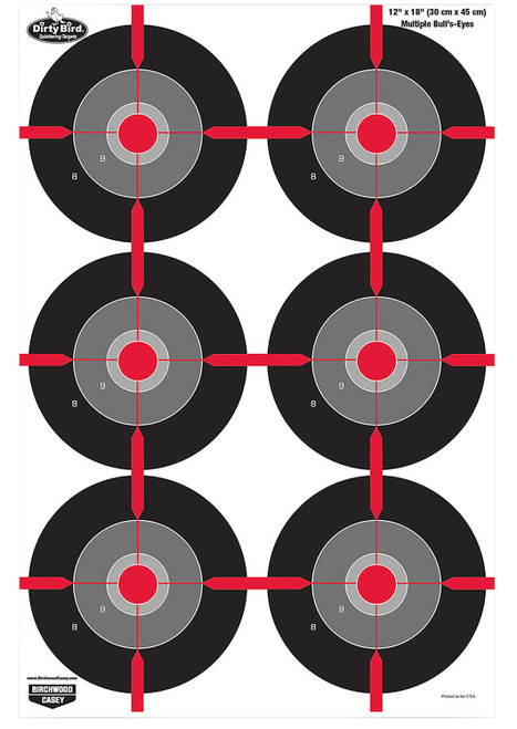 BIRCHWOOD CASEY (GSM) Birchwood Casey 35705 Dirty Bird  Multiple Bullseye Tagboard Hanging Pistol 12" x 18" Black/Red/Gray White Impact Splatter 8 Per Pkg