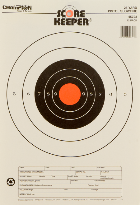 CHAMPION TARGETS/REVELYST Champion Targets 45723 Score Keeper Slow Fire Bullseye Paper Hanging 25 yds Pistol 11" x 16" Black/Orange 12 PK