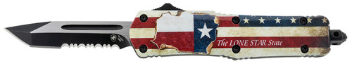 Templar Knife STX531 Gen II Texan Small 2.25" OTF Tanto Part Serrated Black Oxide Stonewashed 440C SS Blade, 4.31" Texas Flag Aluminum Handle, Glass Breaker