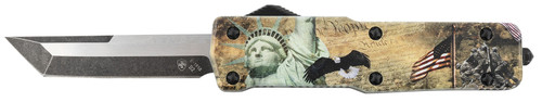 Templar Knife SZLIB221 Premium Weighted Liberty Small 3" OTF Tanto Plain Black Oxide Stonewashed D2 Steel Blade, 4.50" Gold w/Statue of Liberty/Flag/Eagle Aluminum Zinc Alloy Handle