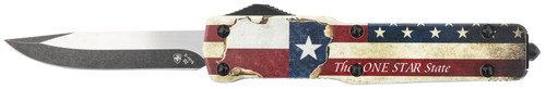 Templar Knife MZTX321 Premium Weighted Texan Slim 3.16" OTF Drop Point Plain Black Oxide Stonewashed D2 Steel Blade, 4.93" Red/White/Blue w/"The LONE STAR State" Aluminum Zinc Alloy Handle