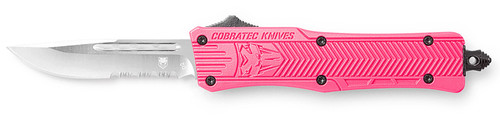COBRA TEC KNIVES LLC CobraTec Knives SPKCTK1SDS CTK-1  Small 2.75" OTF Drop Point Part Serrated D2 Steel Blade/ Pink Aluminum Handle Features Glass Breaker Includes Pocket Clip
