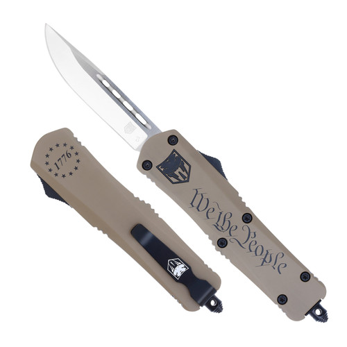 COBRA TEC KNIVES LLC CobraTec Knives MWTPFS3DNS FS-3 We The People Medium 3" OTF Drop Point Plain D2 Steel Blade Tan w/"We The People" Aluminum Cerakoted Handle Features Glass Breaker Includes Pocket Clip