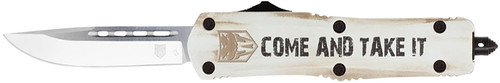 COBRA TEC KNIVES LLC CobraTec Knives MCATIFS3TNS FS-3 Come And Take It 3" OTF Tanto Plain D2 Steel Blade/White w/"Come And Take It" Cerakoted Aluminum Handle Features Glass Breaker Includes Pocket Clip
