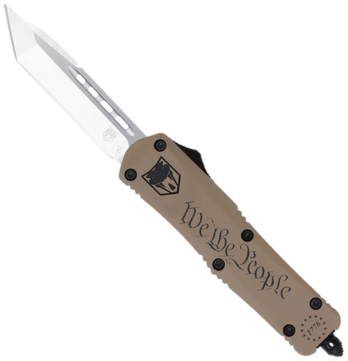 COBRA TEC KNIVES LLC CobraTec Knives SWTPFS3TNS FS-3 We The People Small 2.75" OTF Tanto Plain Aluminum Cerakoted D2 Steel Blade, Tan "We The People" Aluminum Handle