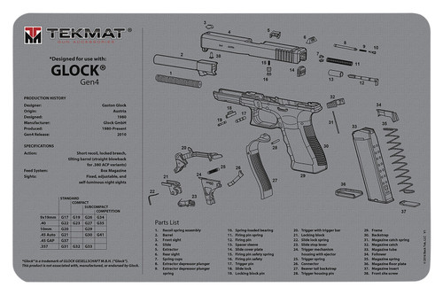 TEKMAT (GSM) TekMat TEKR17GLOCKG4GY Glock Gen 4 Cleaning Mat Gray Rubber 11"x17" Glock Gen 4 Parts Diagram