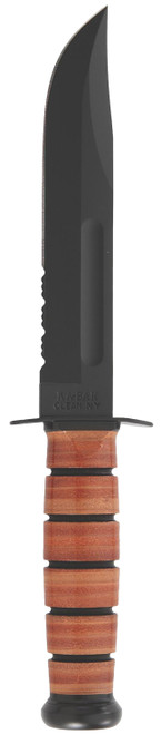 KA-BAR KNIVES INC Ka-Bar 1218 USMC Fight/Utility 7" Fixed Clip Point Part Serrated Black 1095 Cro-Van Blade. Brown Leather Handle. Includes Sheath