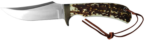 AOB/AMERICAN OUTDOOR BRND Uncle Henry old 1100035 Next Gen Staglon  4.25" Skinner Plain Satin Stainless Steel Blade 4.25" Staglon Handle Features Brass Finger Guard Includes Sheath